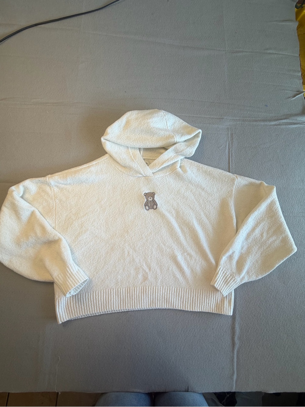Hollister Cream Hooded Knit Sweater with Embroidered Bear
